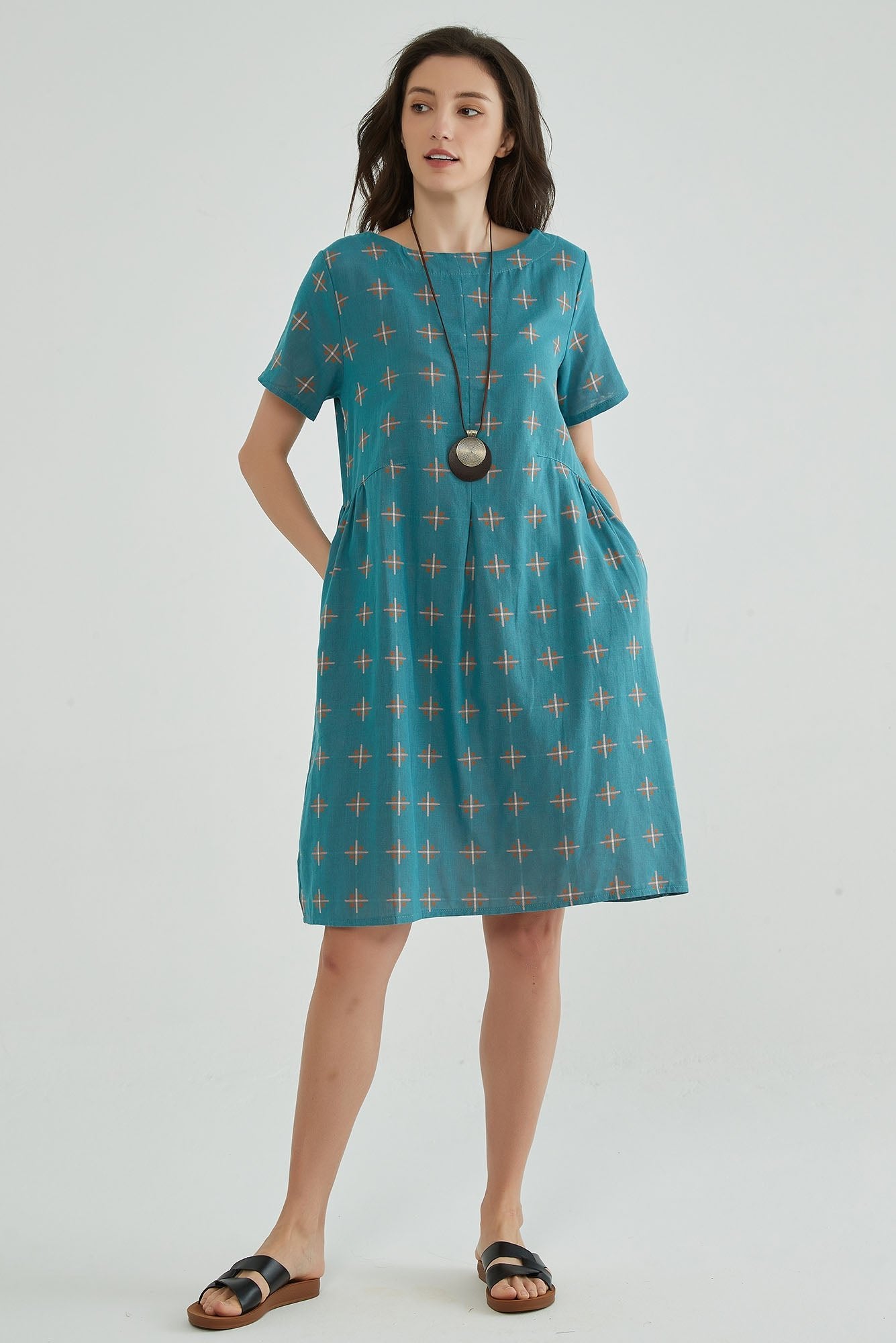 Greenish Blue Jacquard Cotton Gauze Dress - Whisper Mint
